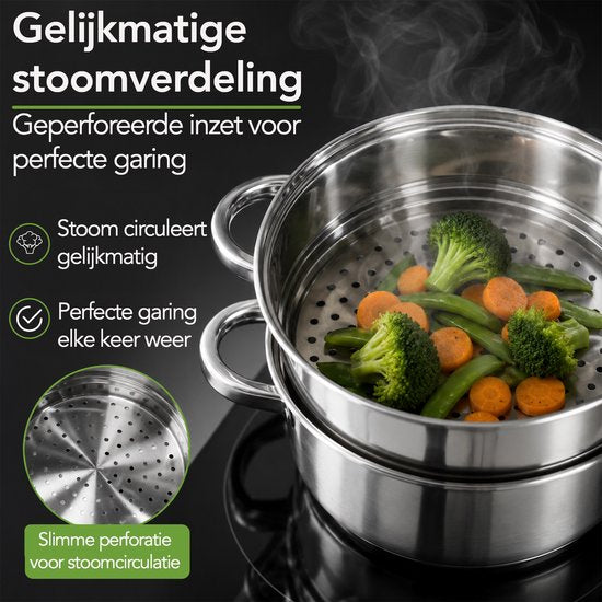 Casserole à vapeur Aviro - Couvercle en verre - 3,1 L - 20 cm - Induction et gaz - Cuiseur à vapeur 3 pièces pour riz et légumes - Acier inoxydable