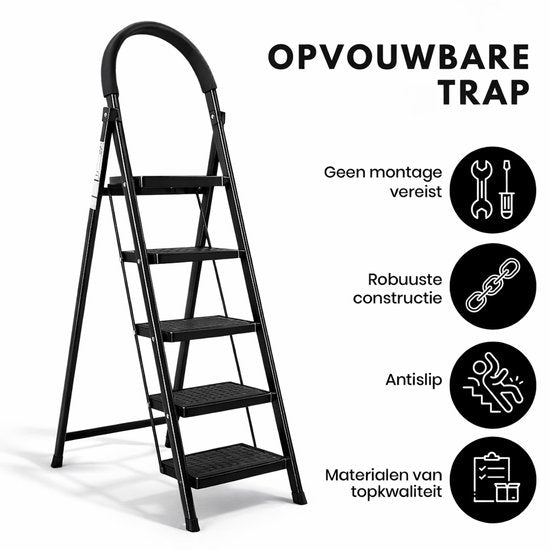 ToolX Escalier de maison - Escalier de cuisine - Acier - 5 marches - Pliable - Antidérapant - Pliable - Noir