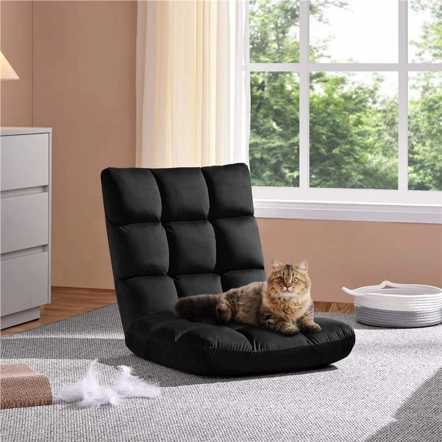 Yaheetech Floor Chair Includes 14 Adjustable Stands - Features High Density Foam And Sturdy Metal Frame And Soft Plush Fabric - For Living Room And Playroom - Black Polyester - 111.5 x 53 x 14 cm