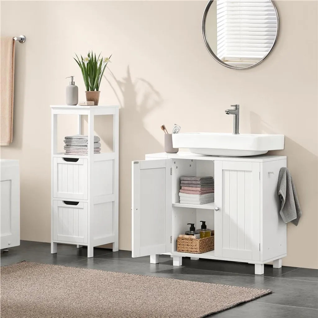 Meuble sous-lavabo Yaheetech 75 x 30 x 62 cm – Blanc – Avec 4 compartiments, des étagères ouvertes et un porte-serviettes