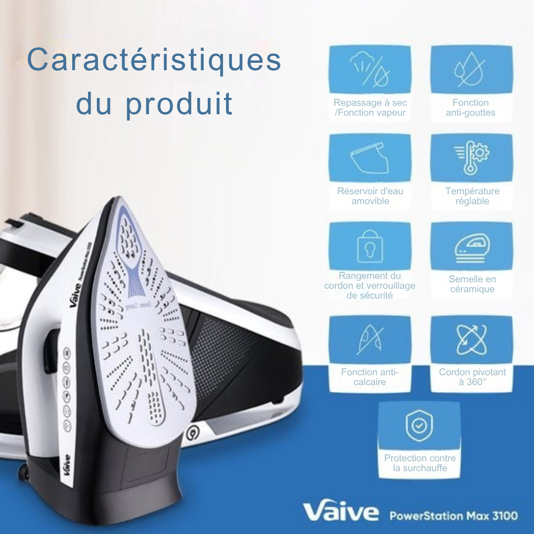 Fer à vapeur VAIVE - 3100W - Réservoir d'eau de 1,5 L - Cordon d'1,9 m - Noir/blanc
