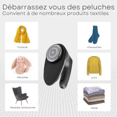 Rasoir anti-bouloche vêtements rechargeable USB Auronic Sans fil, 2 accessoires supplémentaires, Noir