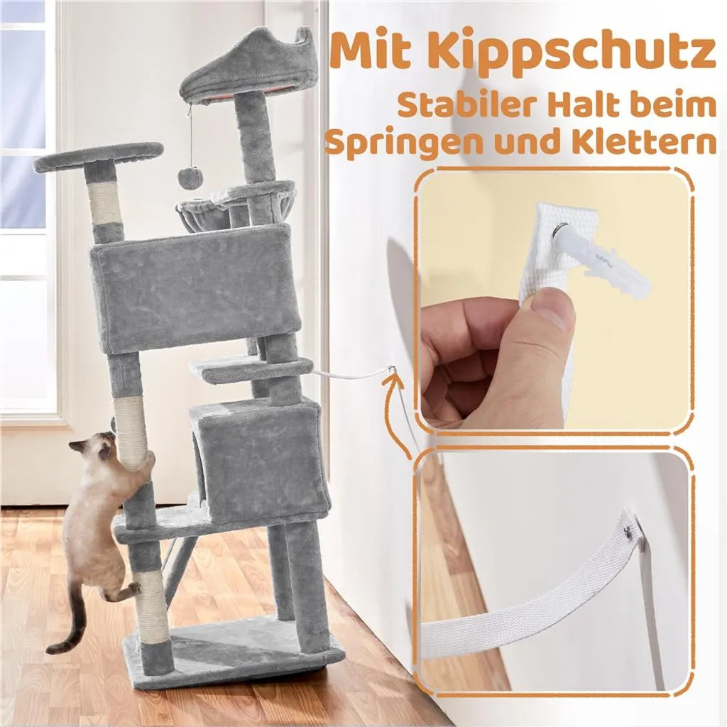 Arbre à chat Yaheetech 146 cm - avec 2 niches pour chats - 3 plateformes d'observation - gris clair