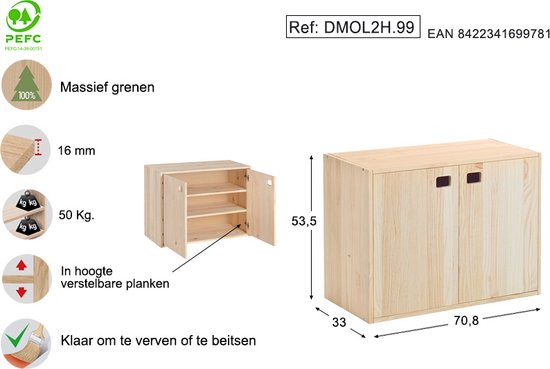 Astigarraga Armoire murale avec portes - Pin PEFC - 71 x 53 cm - Buffet - Meuble TV - Meuble TV