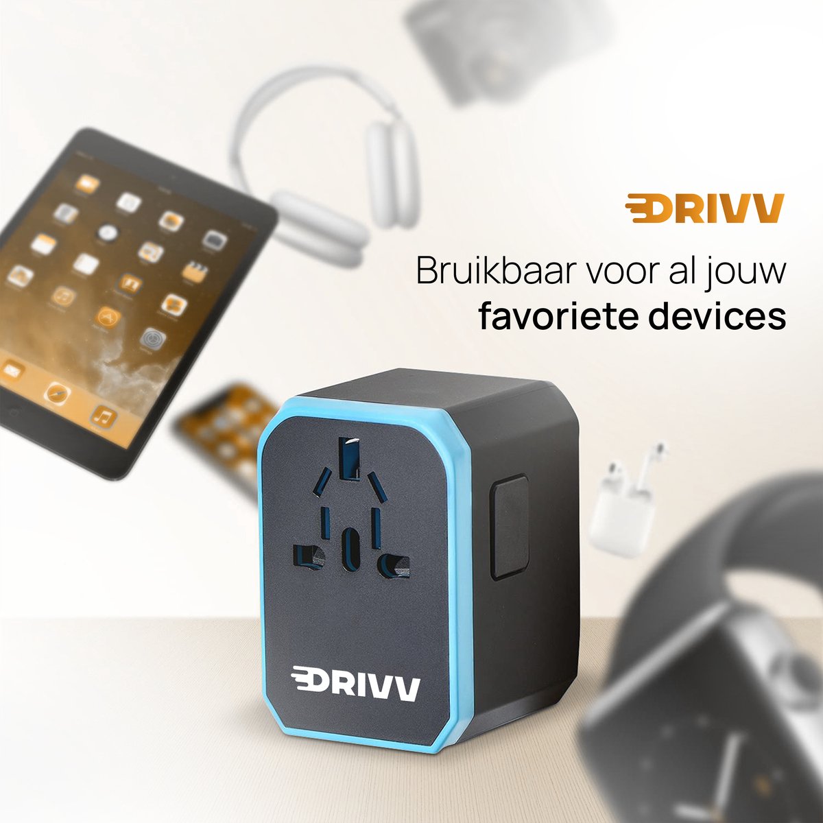 Drivv. Adaptateur universel - 4 ports USB et 1 port USB-C à chargement rapide - Adaptateur de voyage pour les États-Unis / l'Angleterre / le Royaume-Uni / le Canada / l'Afrique / le Japon / le Mexique / la Thaïlande / l'Amérique du Sud - Types A, B, C, E,
