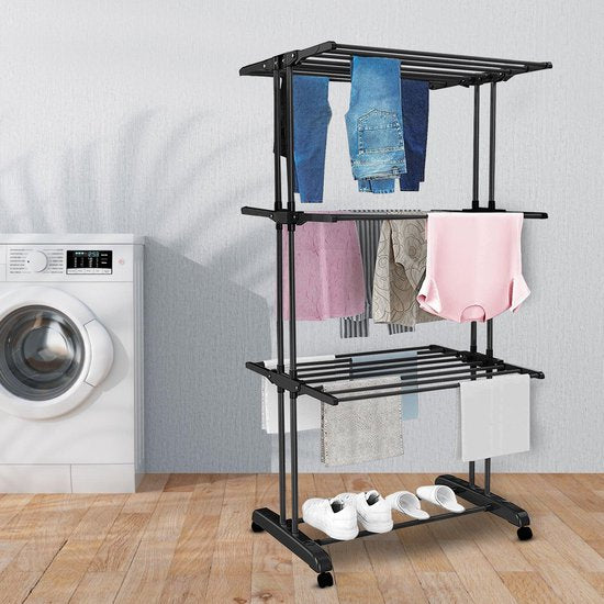 Vonia Séchoir - Séchoir à linge - Tour de séchage - Tour de lavage - 3 couches - Pliable - 72x50x172 cm - Noir