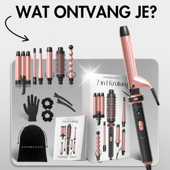 Sansbeauté® Fer à boucler 7 en 1 avec pince et pince gaufrée - Fer à boucler en céramique - 13mm à 38mm - Brosse à sécher les cheveux courts - Brosse chauffante - Pince à boucler - Brosse thermique - Styler les cheveux - Brosse à boucler 5 en 1