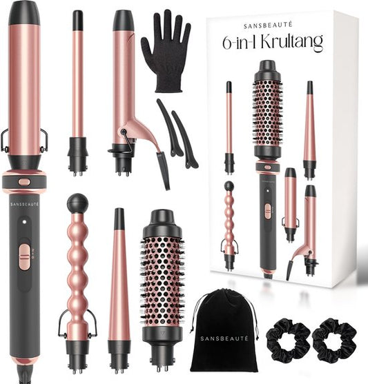 Sansbeauté® 6 en 1 Fer à boucler avec pince - Fer à boucler en céramique - 13mm à 38mm - Brosse pour sèche-cheveux cheveux courts - Brosse chauffante - Boucleurs - Brosse thermique - Styler les cheveux - Brosse à boucler 5 en 1