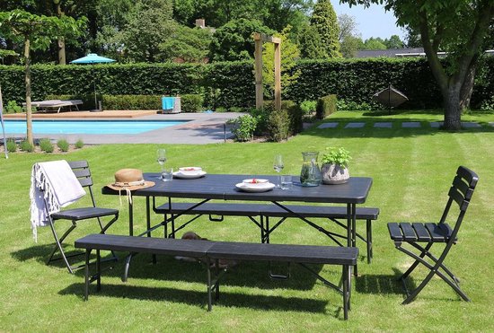 ERRO Banc pique-nique - Banc de jardin pliant - Aspect bois - Noir - 180cm