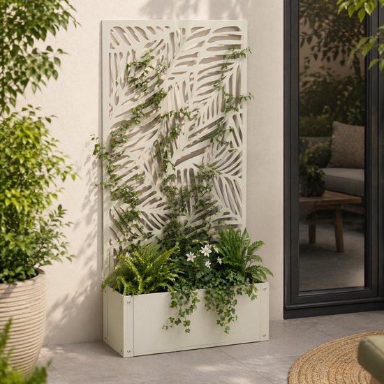 Mica Decorations Sapri Support pour plantes - Jardinière avec treillis pour plantes grimpantes - Support pour plantes autonome ou à fixer au mur - 57,5 x 21 x 118 cm - Blanc cassé