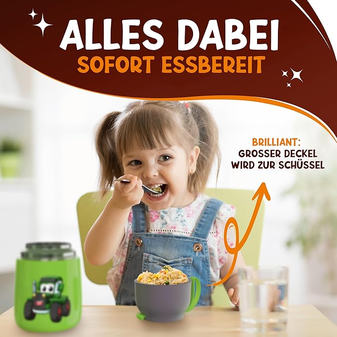 Funkelfuchs® Thermo cup pour aliments pour enfants - 500ml, green trigger - 100% étanche - chauffe aliments en acier inoxydable - thermo cup food - thermo lunch box kids - baby food warmer