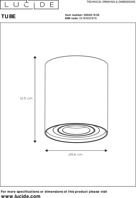 Lucide TUBE Spot plafonnier - Ø 9,6 cm - 1xGU10 - Noir
