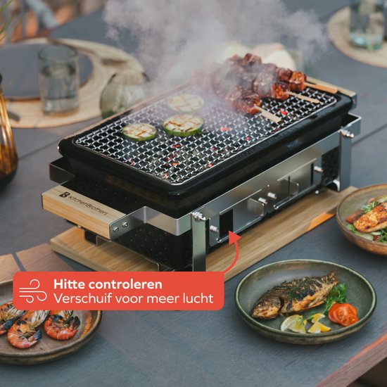 KitchenBrothers Kamado Hibachi Grill - Sans PFAS - Avec grille et bâtons - Barbecue au charbon de bois - Grill de table Shichirin - Barbecue rectangulaire - Barbecue en céramique - Noir