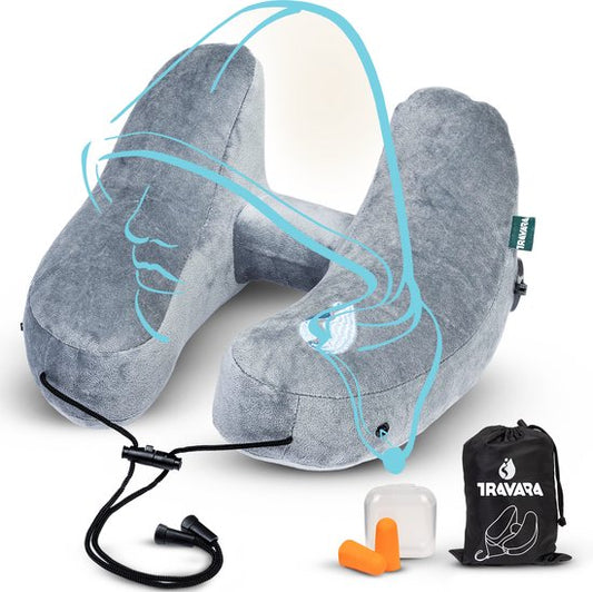 TRAVARA Oreiller gonflable pour la nuque - The Airsnoozer - Oreiller de voyage - Pour l'avion et la voiture - Avec bouchons d'oreille - Oreiller pour la nuque - Gris