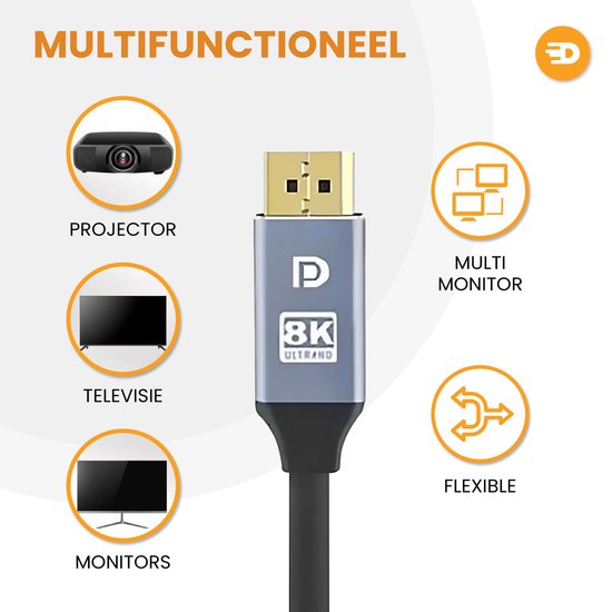 Drivv. Câble Displayport - 8K 60Hz - 4K 144 Hz - 32.4GBps - Displayport 1.4 - Câble DP - PVC - 1 mètre - Gris spatial