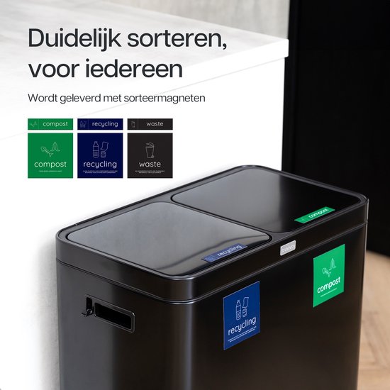 Deleca Recycle Bin with 2 Compartments - 60 Litres (2x30) Waste Bin - Waste Separation / Deposit Container / Pedal Bin - Garbage Bin with FreshAura Odour Control - Slow Close - Stainless Steel Black