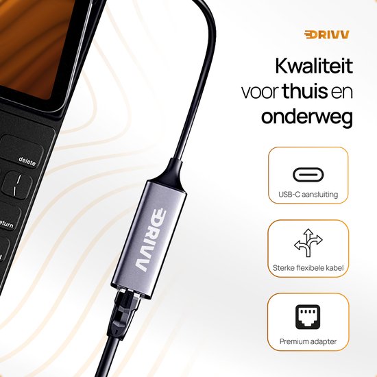 Drivv. Adaptateur USB-C vers Ethernet / Internet / Réseau - 10/100/1000 MBps - Gris