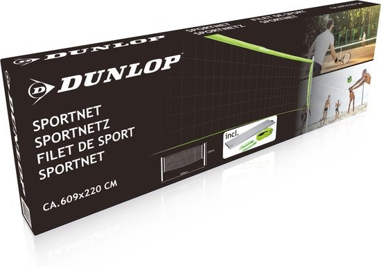 Dunlop Sports Net 609 x 220 CM - Filet de volley-ball - Filet de tennis - Filet de badminton - Set complet avec bâtons, filet, piquets de sol et cordes de tension - Utilisation multifonctionnelle - Vert/Noir
