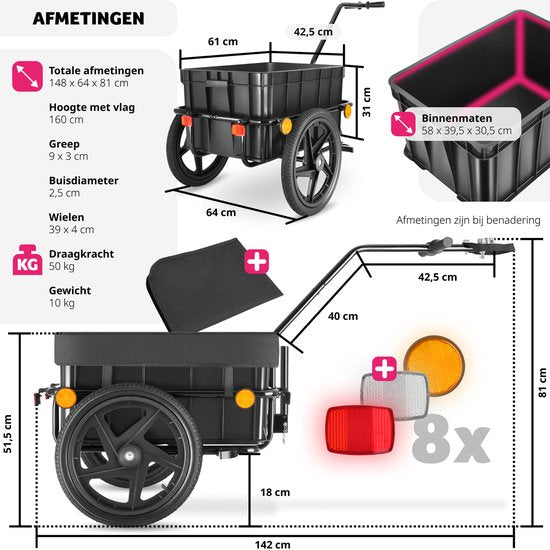 tectake® 2-in-1 bike trailer - Chariot à bagages et poussette - Remorque pour vélos, VTT et eBikes - Remorque de transport avec barre de remorquage - Avec bâche et pneus - Capacité de charge maximale 50kg