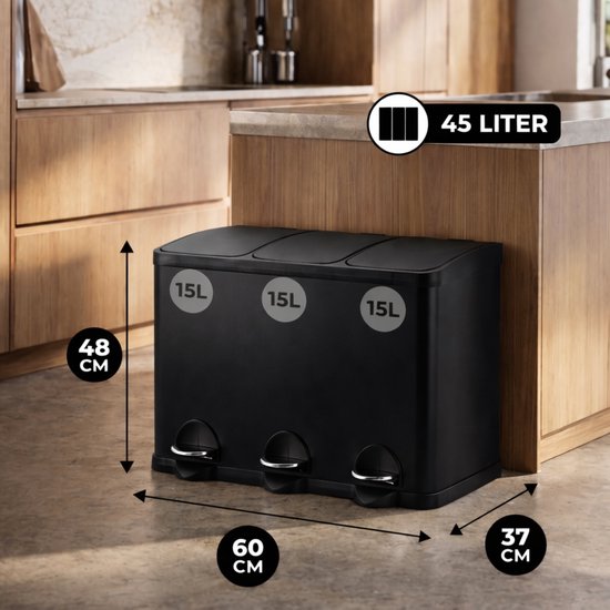 Bayt Poubelle - Poubelle à pédale 45 litres - Poubelle 45 litres - Poubelle 45 litres - Séparation des déchets - Poubelle 3 compartiments - 3x15 litres - Poubelle - inox - Noir