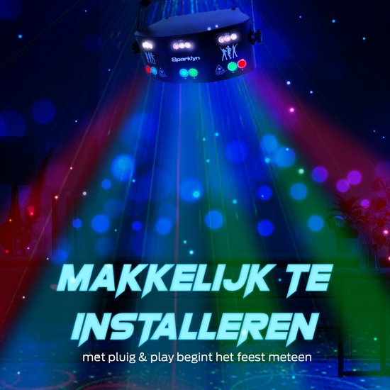 Laser disco professionnel Sparklyn avec 15 projecteurs - 120 combinaisons lumineuses - Télécommande - Contrôlable via DMX - Lampe disco - Noir