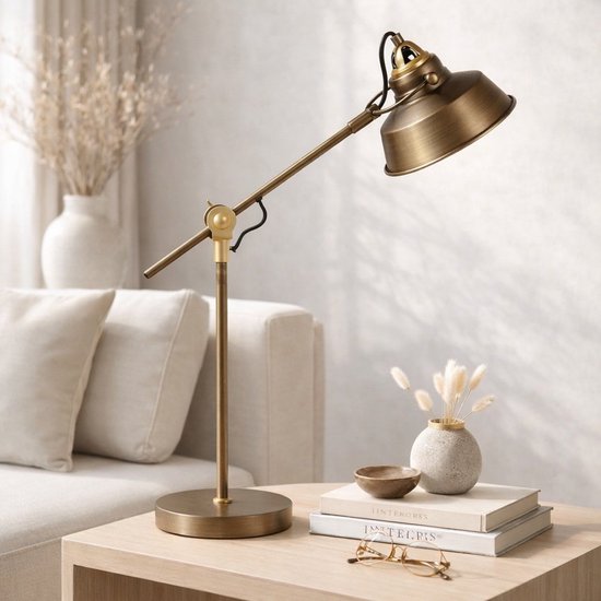 Lampe de table industrielle en bronze Nove 1321BR de Mexlite, hauteur 67 cm, avec douille E27 et structure orientable et inclinable, idéale pour un usage intérieur