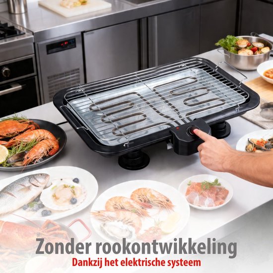 Barbecue électrique Alpina 2-en-1 2200 W - Barbecue électrique de table avec thermostat - Gril électrique avec fonction de maintien au chaud - Gril électrique de table avec grille réglable - 51 x 30 cm - Noir