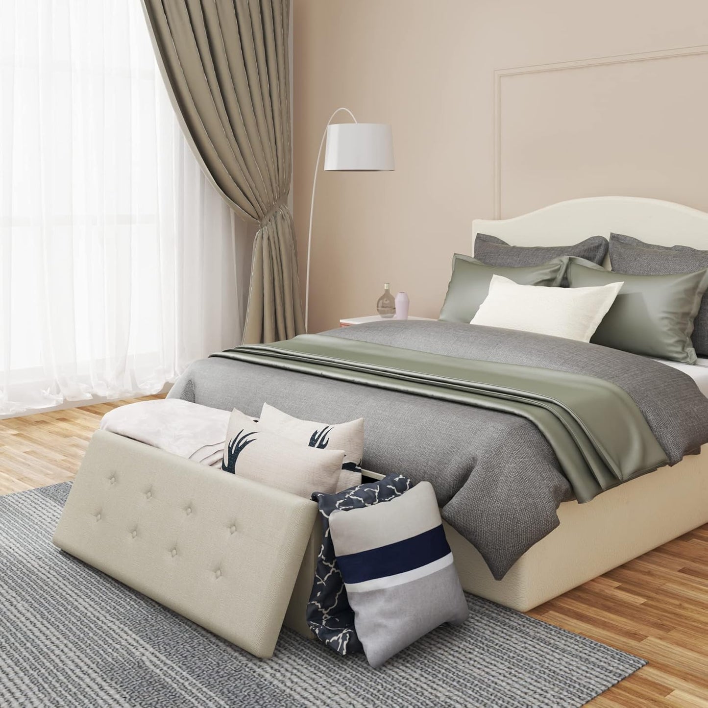 Banc de rangement pliable Woltu avec espace de rangement - 118 litres - 110 x 37,5 x 38 cm - Lin blanc crème - Capacité de charge maximale : 300 kg
