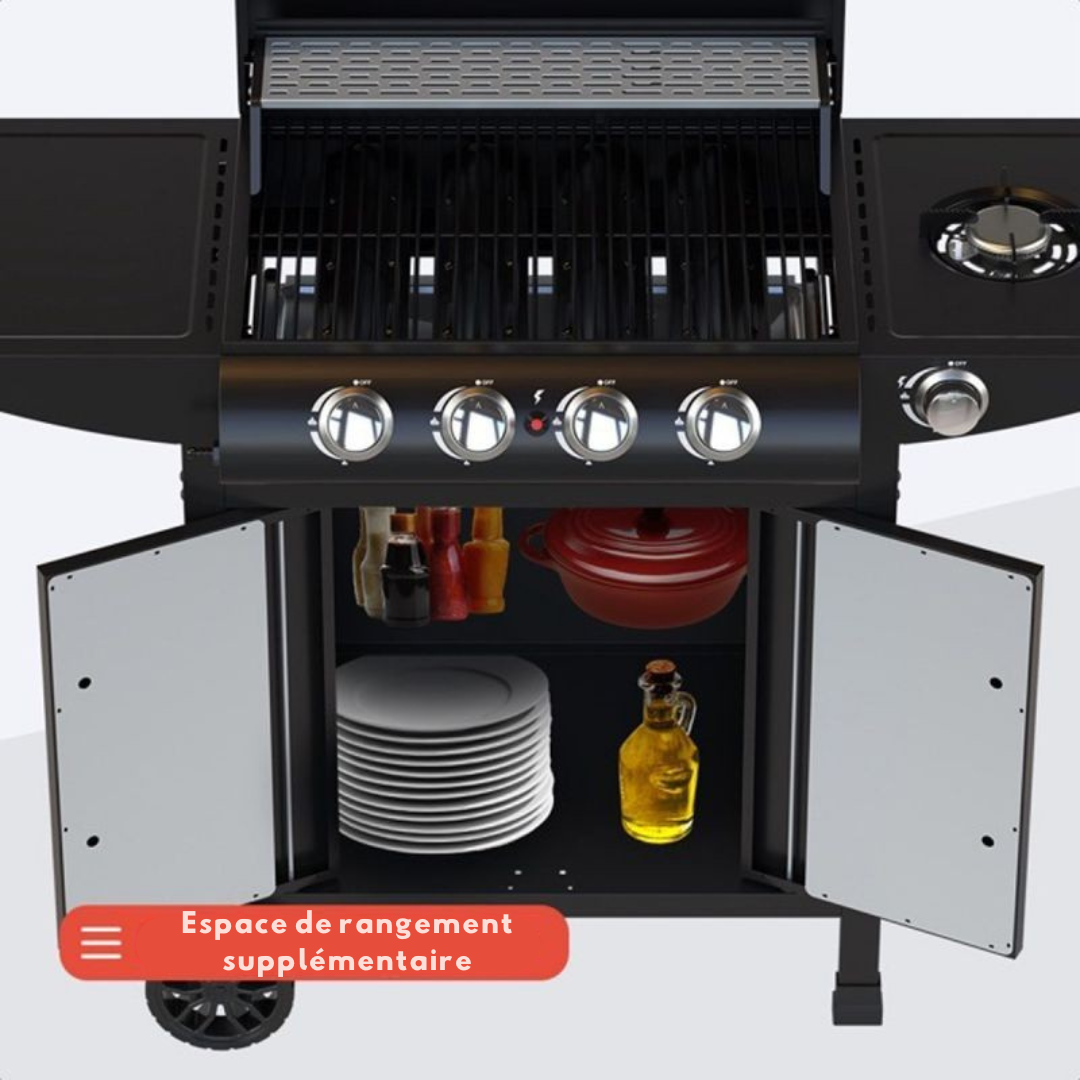 Barbecue à gaz KitchenBrothers - Avec 5 brûleur - Raccordement au gaz - 42x57cm surface de cuisson - Noir