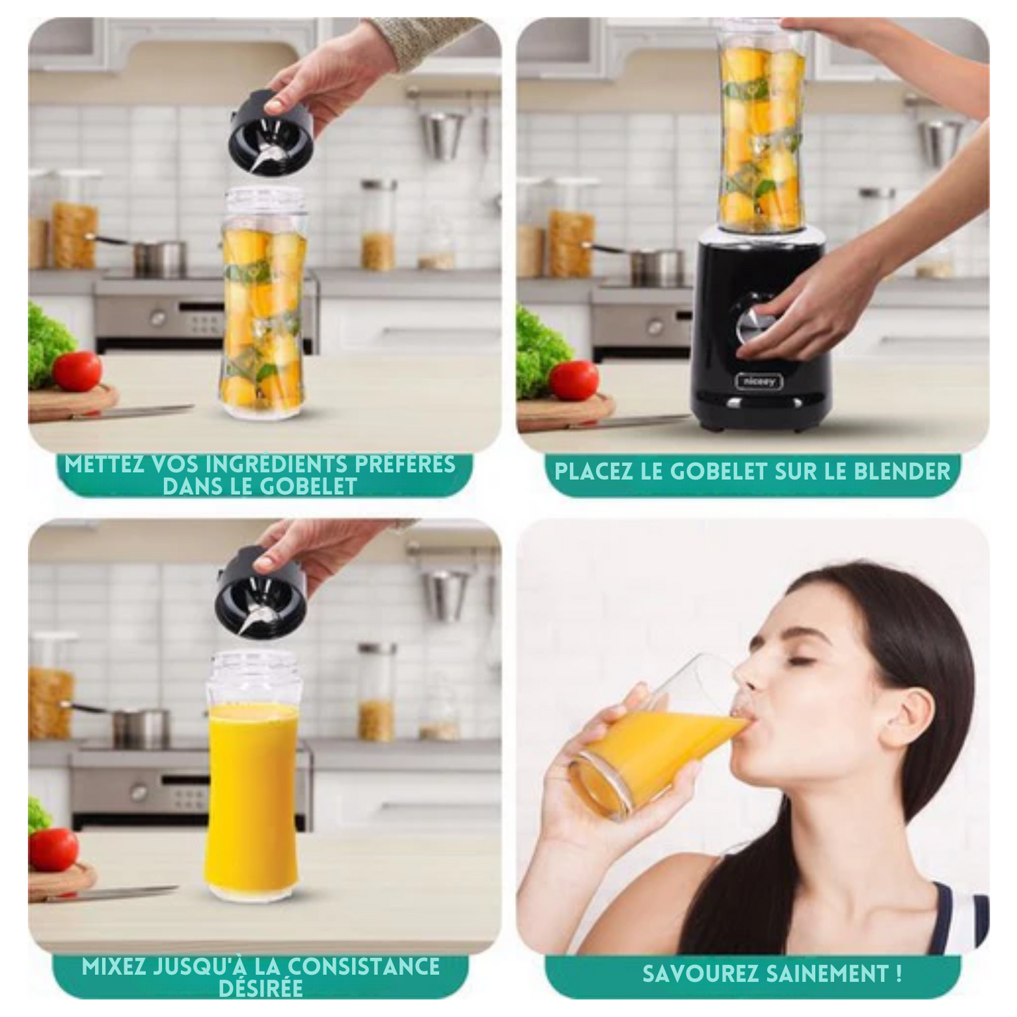 Mixeur - Niceey - Mini Blender - Machine à smoothie - Extracteur de jus - 500W - avec 2 gobelets - Noir