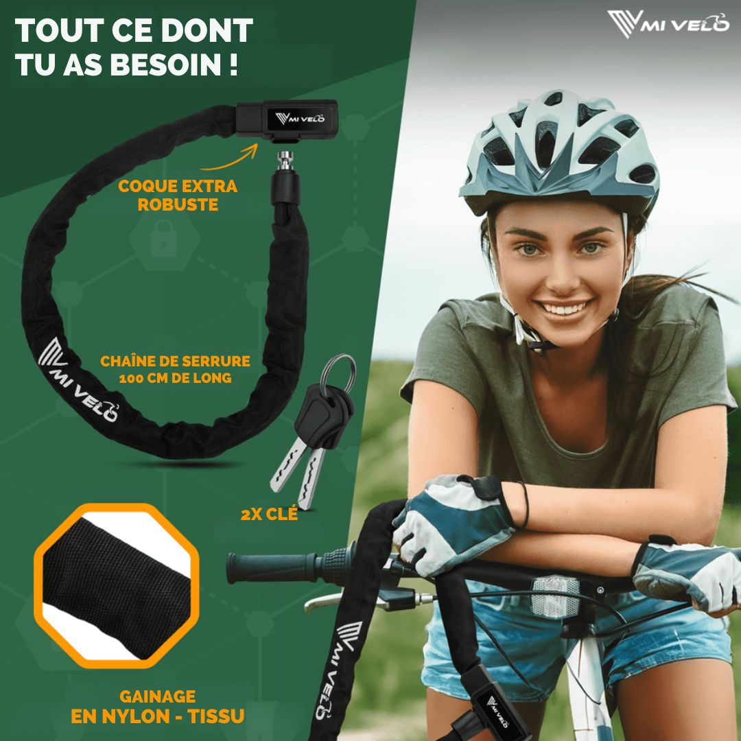 Cadenas de chaîne pour vélo - MIVELO - 100 cm de long et 8 mm d'épaisseur - Acier noir et trempé - Verrouillage à clé sécurisé - Pour E-bike et Scooter - noir