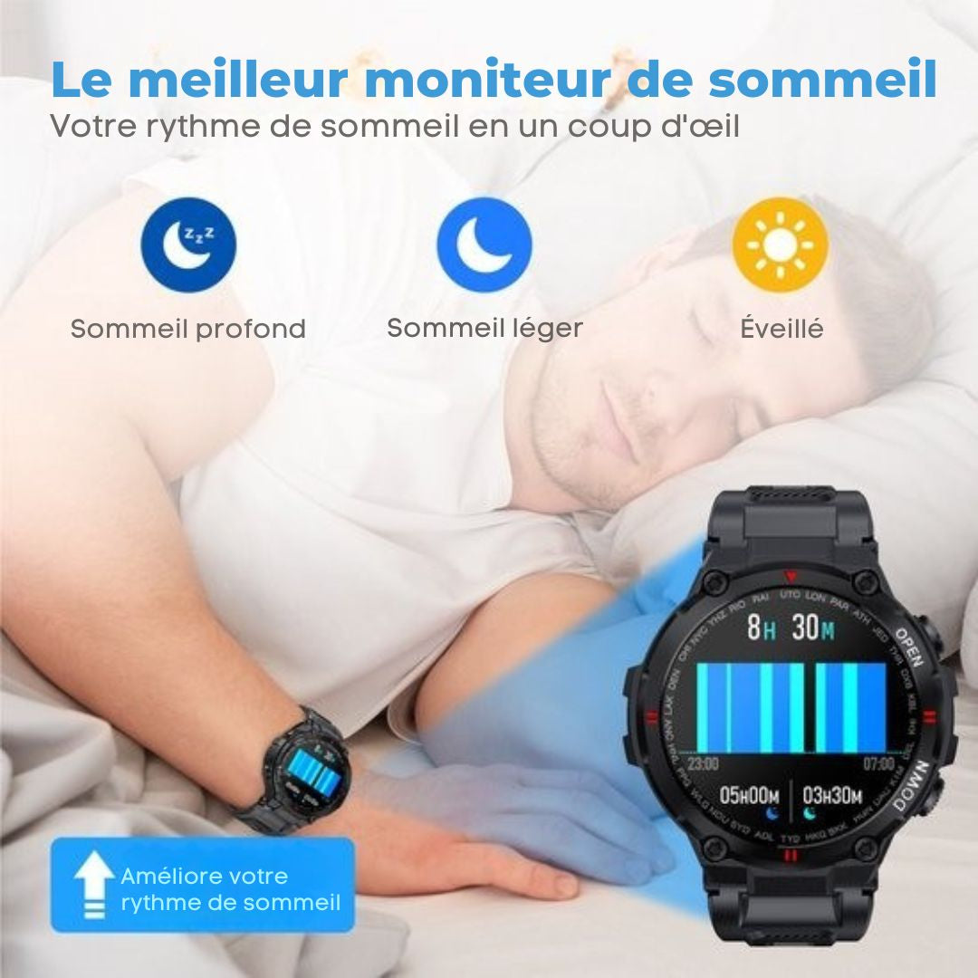 Montre connectée K22 - Nuvance - 45mm - Ecran tactile - Etanche IP67 - Hommes, femmes et enfants - iOS & Android - Noir