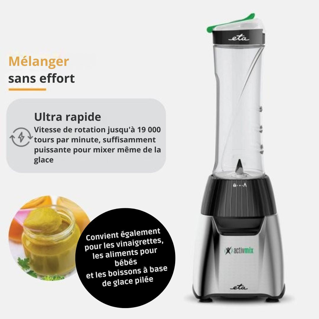 Mixeur ETA avec 3 bouteilles en Tritan - 2 x 0,6 litres et 1 x 0,4 litres - Fonction Pulse - 19 000 tr/min - 350W - Argent