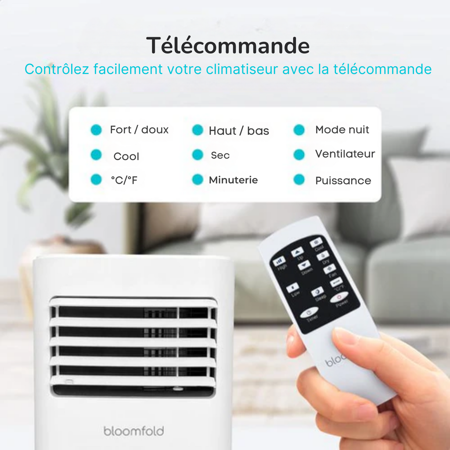 Climatiseur mobile - Bloomfold - 9000 BTU - Silencieux et Facile à Installer - Jusqu'à 25m² - Mode Wifi & Application