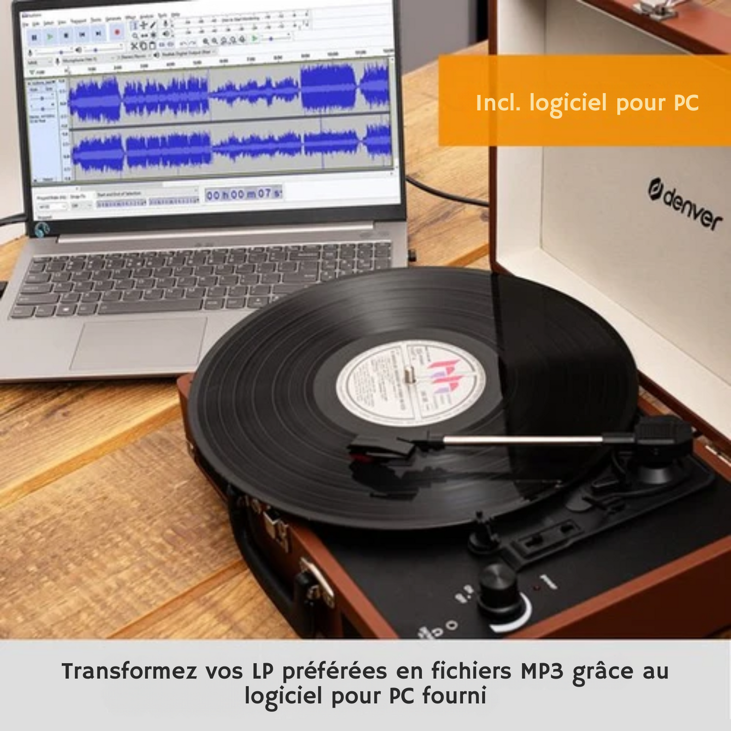 Platine vinyle rétro - Denver VPL120 - Haut-parleurs intégrés - Numérisation USB - 3 vitesses - Mallette portable - Marron