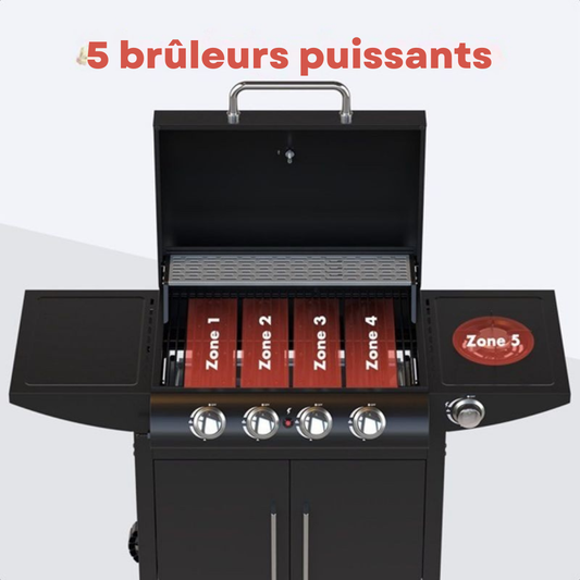 Barbecue à gaz KitchenBrothers - Avec 5 brûleur - Raccordement au gaz - 42x57cm surface de cuisson - Noir