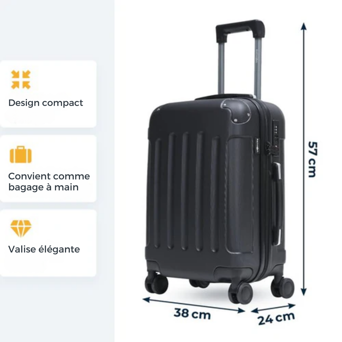 Valise cabine - Pathsail - 40 L - ABS - Légère avec trolley - cadenas TSA - roues Spinner et poche avant - Noir