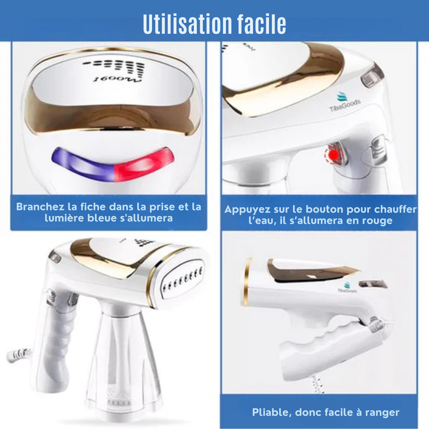 Défroisseur vapeur - TibaGoods - Pour vêtements - Chauffe rapidement - 1600w - 250ml