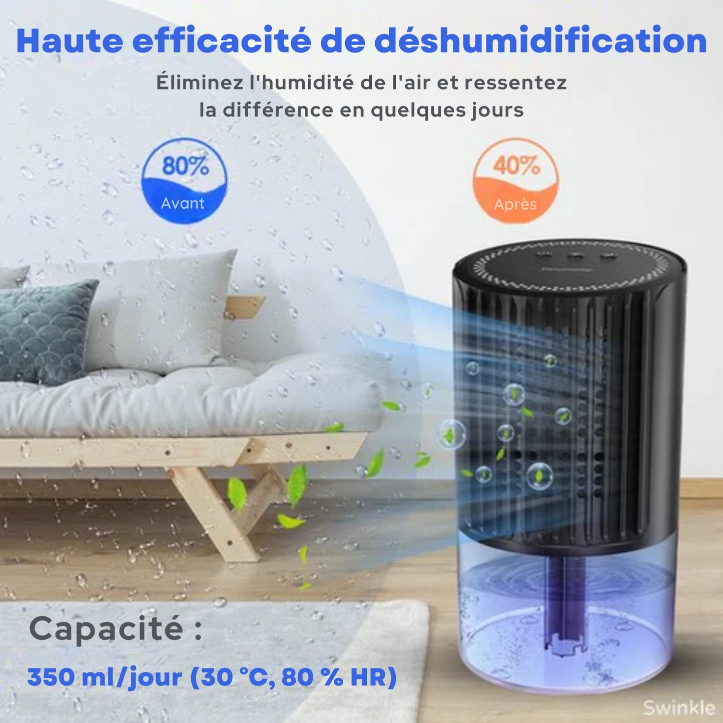 Déshumidificateur - Swinkle® - Jusqu'à 0,35 L / jours - Silencieux - Adapté au salon, à la chambre à coucher, à la salle de bain et +