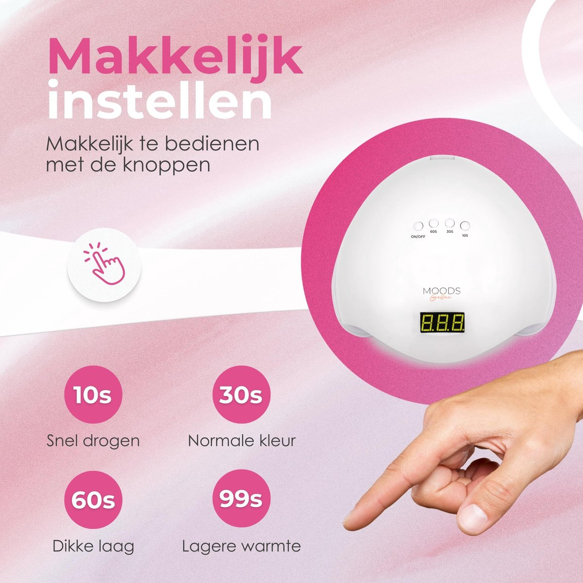 Moods Gellac - Lampe professionnelle pour ongles - Lampe UV pour ongles en gel - Séchoir à ongles - Contrôlable par boutons - Puissante lampe LED - Blanc