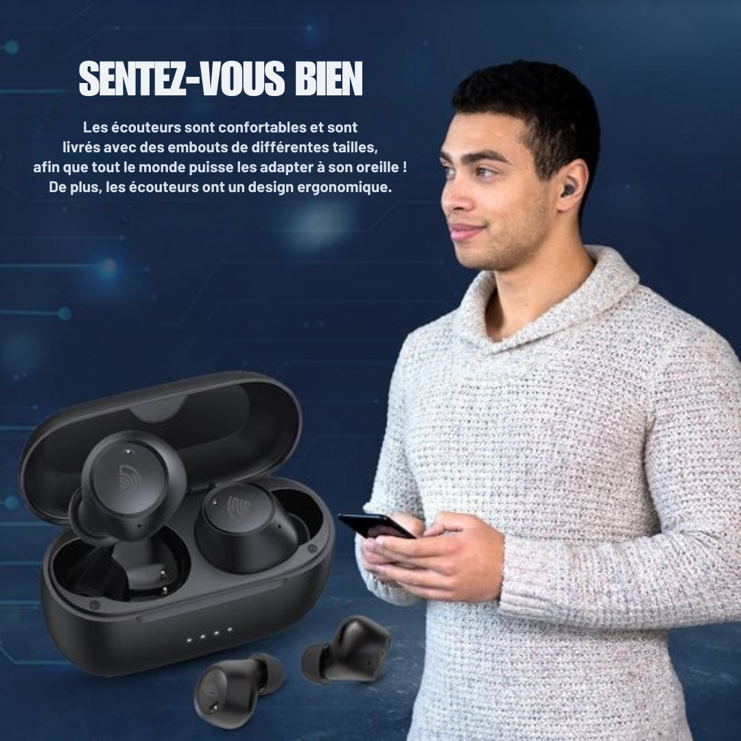 Ecouteurs sans fil - Golden Sound Buds Pro - Ecouteurs Bluetooth - Suppression active du bruit 32dB - Mode ambiant - Autonomie de 40 heures - Convient à tous les smartphones et ordinateurs portables - Noir