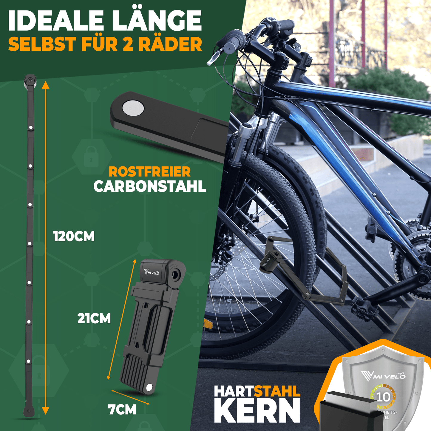 MIVELO - Cadenas robuste pour vélo avec clé - 120 cm de long - Niveau de sécurité 10/10 - Acier au carbone trempé - Noir