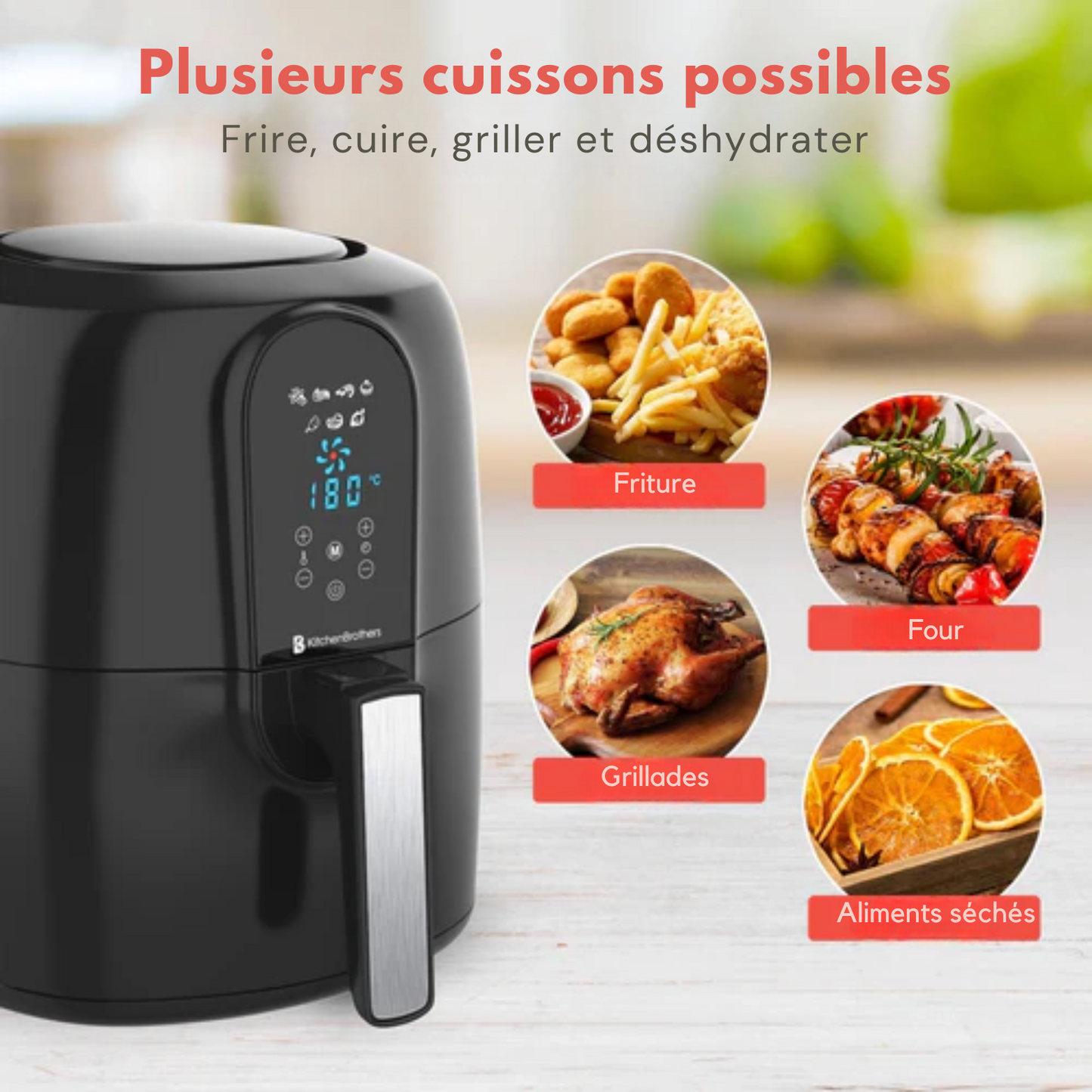 Airfryer - KitchenBrothers - Friteuse à hair chaud - 7,2 L -1890 W - Friteuse sans huile - 7 programmes de cuisson - noir - + un livre de recettes