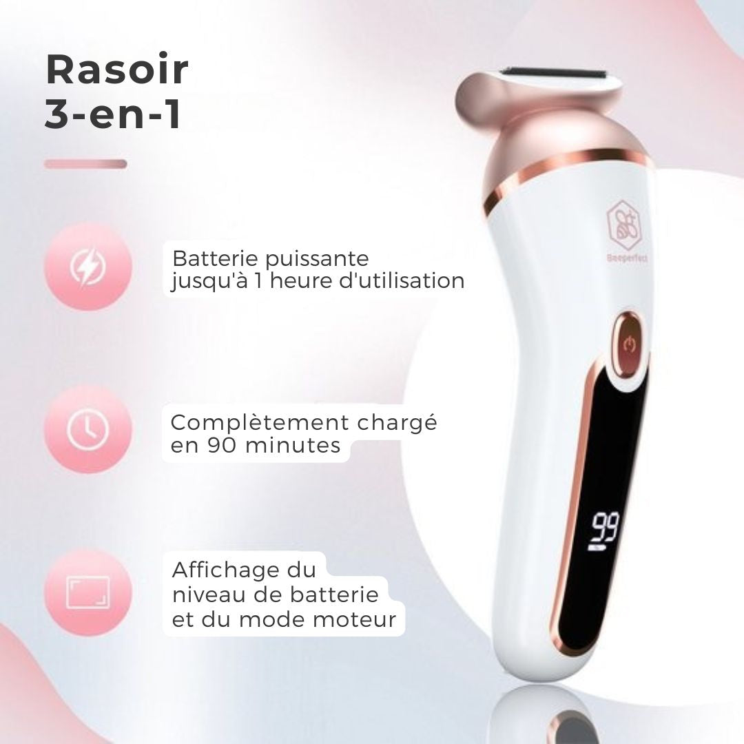 Rasoir pour femmes 3 en 1 Beeperfect® - Tondeuse bikini - Rechargeable - étanche - 3 accessoires - Rose et blanc