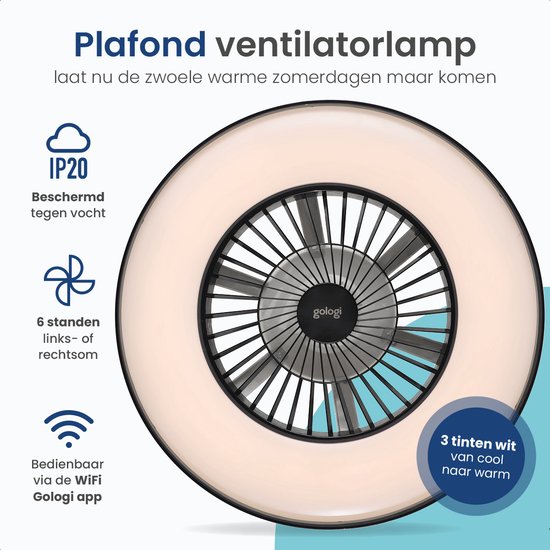 Gologi Ventilateur de plafond avec éclairage - Ø60 cm - LED RGBW - 6 niveaux - Lampe de plafond de chambre - Lampe de plafond avec ventilateur - Avec télécommande et application - Noir