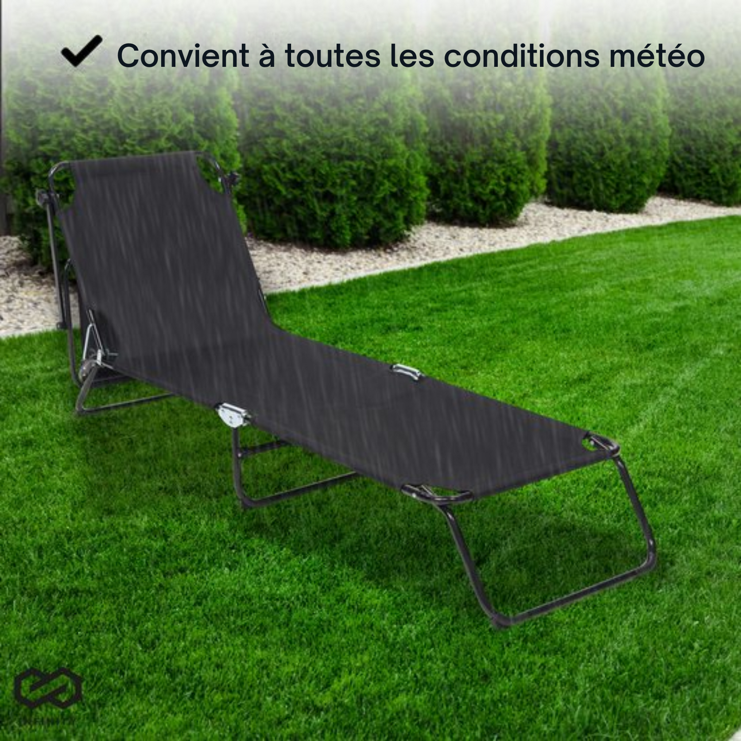 Chaise longue - Infinity Goods - pliable - réglable - jardin - résistant aux intempéries - noir