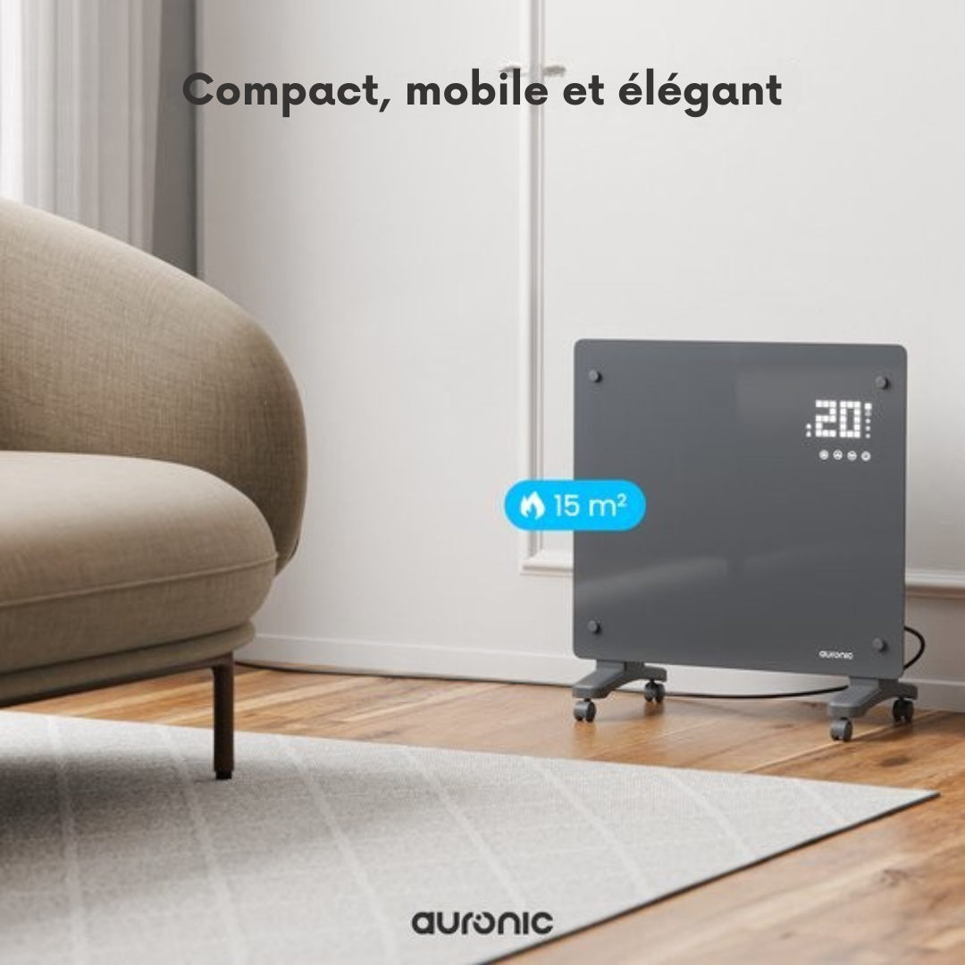 Radiateur électrique Auronic - Radiateur à convection avec thermostat et télécommande - Radiateur à panneau en verre - Radiateur 1000 W - Gris