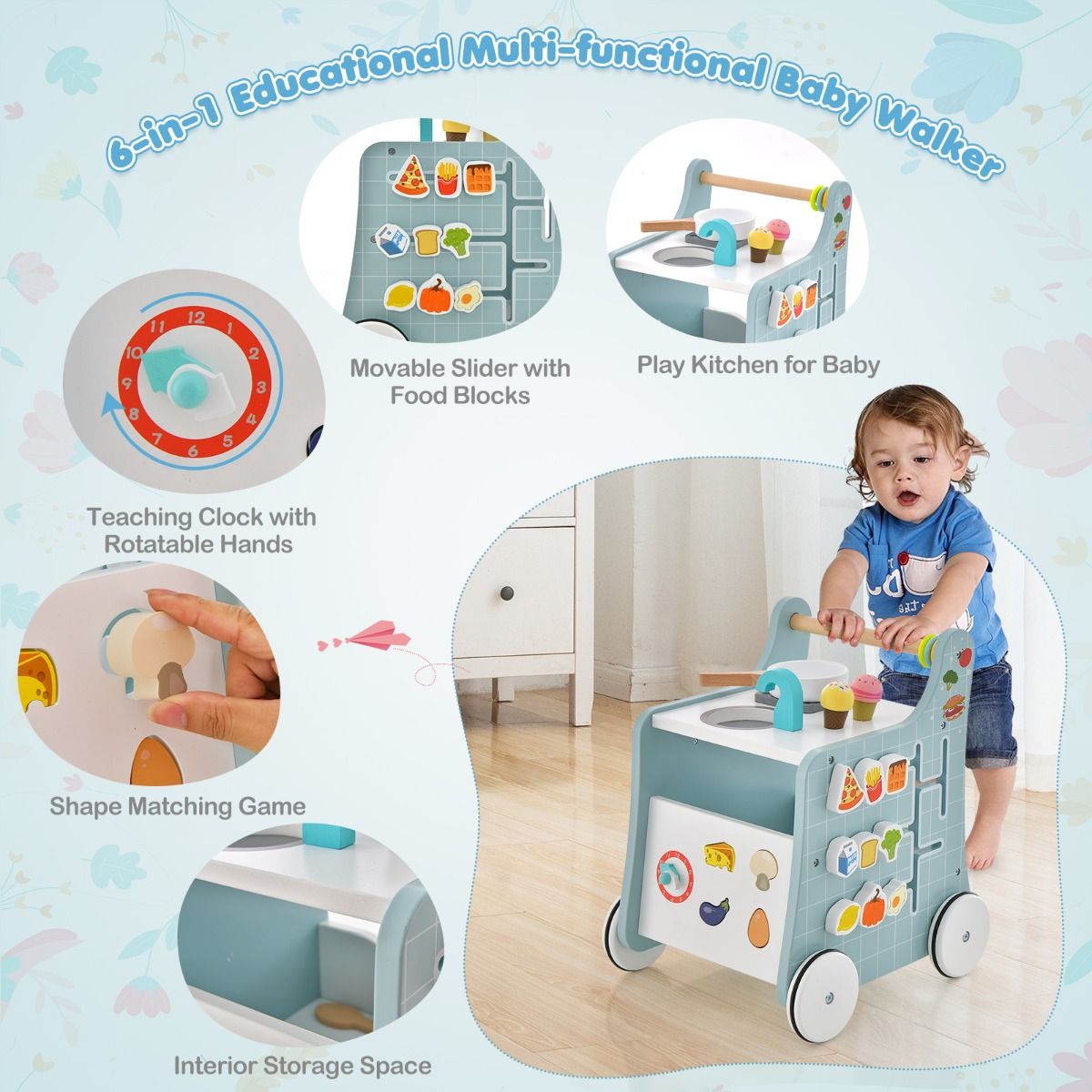 Coast 6-in-1 Wooden Stroller Play Kitchen - Bleu - 31 x 34.5 x 42 cm