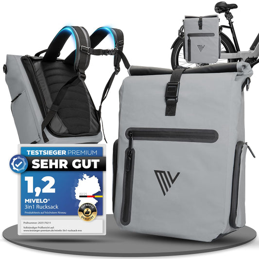 MIVELO EVO 25L : sac de vélo 3 en 1 pour porte-bagages – sac à dos et sac à bandoulière – 100 % imperméable et entièrement réfléchissant