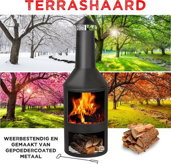 BBQ Collection Poêle d'extérieur avec cheminée - Poêle de jardin 134 x 44,5 x 44,5 cm - Poêle de terrasse pour bois de chauffage - Poêle de terrasse avec récupérateur de cendres, tisonnier et rangement pour le bois - Jardin et terrasse - Acier au carbone